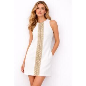 Pappagallo White Textured Shift Dress Gold Lace Panel Sleeveless Mini S Chic